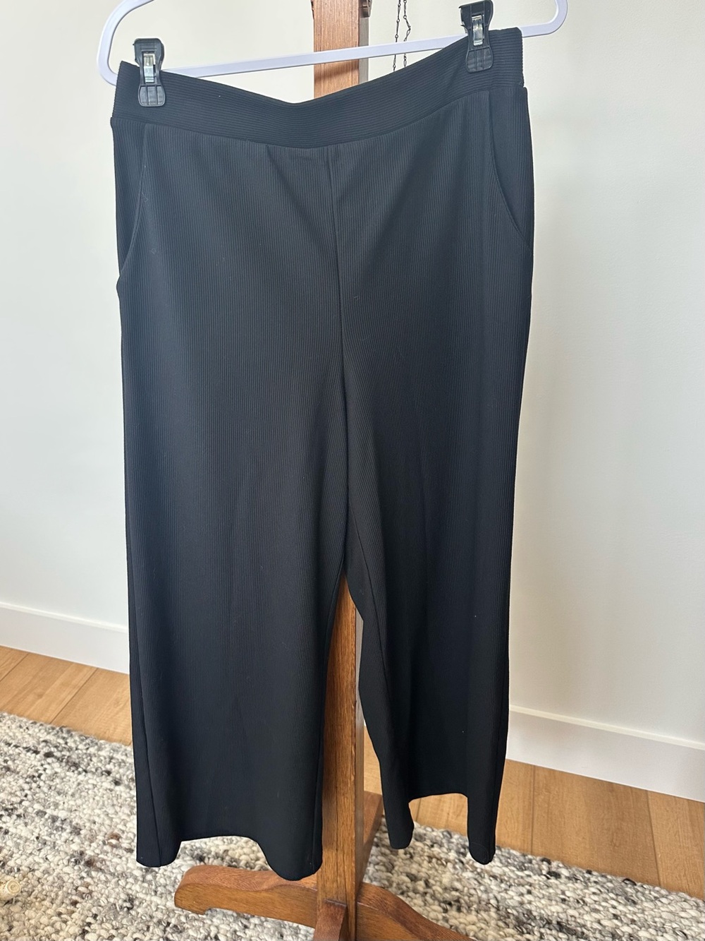 Adrianna Papell Black Ribbed Pull-On Wide Leg Pants KP008